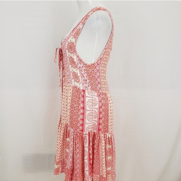 Lulus Dress Cache Creek Lace Up Tiered Swing Dress Red White Floral size Small - Picture 5 of 8